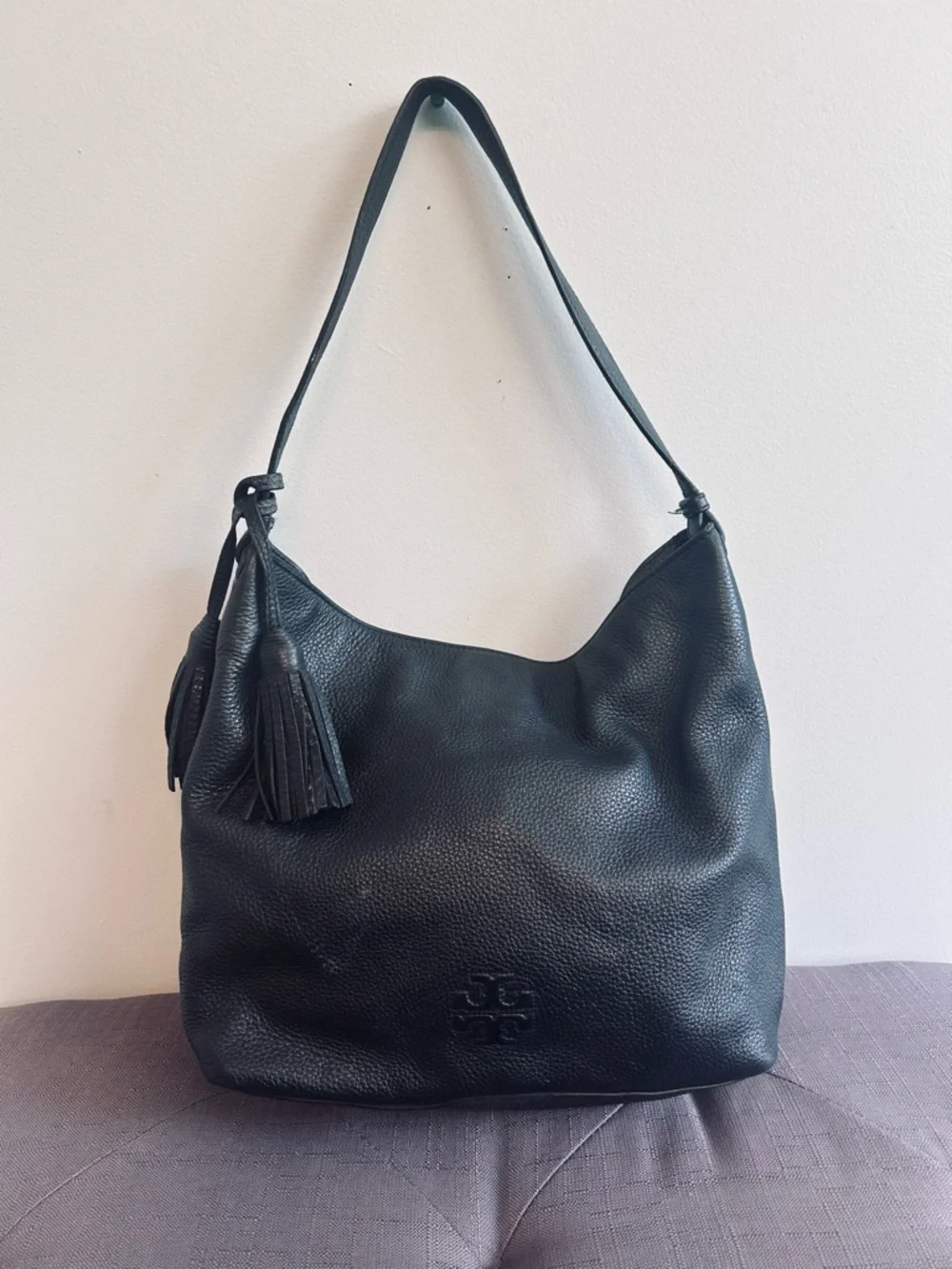 Tory Burch Thea Black Pebbled Leather Tassel Hobo Shoulder Bag!